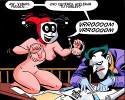 batman:_the_animated_series batman_(series) big_breasts breasts clown dc_animated_universe dc_comics desk edit edited edited_art female harley_quinn harley_quinn_(dcau) joker looking_at_viewer makeup male noeastereggs nude pencil ruler text the_joker the_new_batman_adventures tits