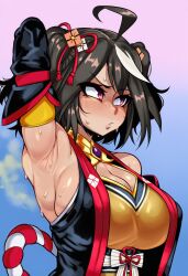 1girls 2d ai_generated arm_up armpit_fetish armpit_focus armpit_peek armpits big_breasts black_clothing black_hair black_kimono blush embarrassed female female_focus female_only hair_ornament hi_res hibiki120 huge_breasts kitasan_black_(umamusume) large_breasts looking_aside looking_away looking_to_the_side lower_body_out_of_frame multicolored_hair one_arm_up red_eyes round_breasts short_hair showing_armpits simple_background smelly_armpits solo standing steam steaming_body sweat sweaty sweaty_body tied_hair umamusume umamusume_pretty_derby upper_body