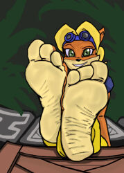 3_toes box coco_bandicoot crash_(series) crash_bandicoot_(series) crash_mind_over_mutant crash_of_the_titans feet female female_only girl goggles goggles_on_head jungle looking_at_viewer naughty_dog playstation red2870_(artist) smile smiling soles sony sony_corporation toes