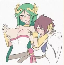 1boy 1girls 2020 2020s angel angel_wings animated ass big_ass big_breasts blush breast_grab breasts clothing cute female groping groping_from_behind hair heart hi_res human kid_icarus long_hair looking_at_viewer loop looping_animation nintendo nipples no_sound open_mouth palutena pit_(kid_icarus) sweat tongue tongue_out video wet white-stew wings