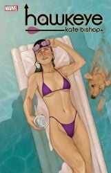 belly_button black_hair black_hair_female clear_water comic_cover dog drink edited_official_artwork female female_only hawkeye hawkeye_(series) hourglass_figured_female kate_bishop legs_together marvel marvel_comics pool purple_bikini purple_bikini_bottom purple_bikini_top purple_hairband self_upload shadow straw string_bikini string_panties sunglasses sunglasses_on_head swimwear water_background