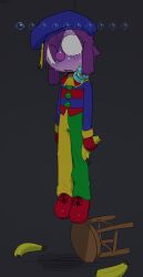 absurd_res ambiguous_anthro ambiguous_gender anthro asphyxiation blue_beret bodily_fluids bravo_(bravobunny) bravobunny clothing clown_nose crying death footwear full-length_portrait furniture genital_fluids grey_background hair hi_res holding_banana lagomorph leporid mammal multicolored_clothing multicolored_suit open_mouth peeing portrait purple_hair rabbit red_clothing red_footwear red_shoes shoes simple_background solo stool suicide suit tears urine wetting