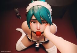ai_generated futaais23 3d futanari futa_only overwatch kiriko_(overwatch) maid maid_headdress maid_uniform maid_bikini kneeling looking_at_viewer looking_up ball_gag white_legwear