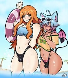 2boys 2d 2d_artwork 2femboys ass beach beach_background blush blushing bulge butt cat_boy cat_ears catboy chocolate_and_vanilla choker dark-skinned_femboy dark-skinned_male demon demon_boy fang femboy girly glasses happy incubus light-skinned_femboy light-skinned_male oc ocean orange_hair original original_character original_characters pale_skin peace_sign redhead succubus succubus_tattoo succubus_wings tan_skin thighs thong thong_straps trap twink water wet_shirt wings