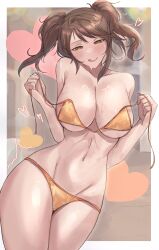1girls 2d absurdres atlus big_breasts bikini blush blushing blushing_female border breasts brown_eyes brown_hair brown_hair_female calmgreentori female female_only heart hi_res highres hourglass_figure hourglass_figured_female kujikawa_rise large_breasts licking_lips looking_at_viewer navel orange_bikini persona persona_4 pinup sega solo sweat swimsuit thick_thighs tongue tongue_out twintails untied_bikini_top white_border