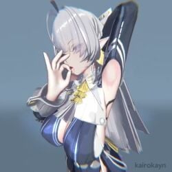 2026 3d animated arm_behind_head armpits big_breasts blowjob_gesture elf elf_ears female female_only fully_clothed grey_hair kairokayn no_sound pointy_ears purple_eyes shorter_than_10_seconds tagme tongue tongue_out velina_airgid video zenless_zone_zero