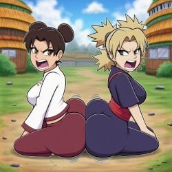 2girls ai_generated angry angry_expression angry_face ass_to_ass big_ass big_butt blonde_hair brown_eyes brown_hair butt_to_butt caked_up cheesecake clothed dark_blonde_hair green_eyes naruto_(series) naruto_shippuden novelai outdoors outside plump_ass screaming side_view temari tenten thick_ass wide_hips yelling