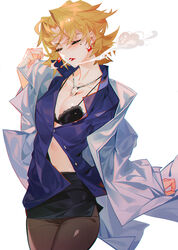 1girls blonde_hair blush bra breasts closed_eyes clothed clothing female female_focus female_only gainax grandialee human labcoat large_breasts light-skinned_female light_skin mole mole_under_eye neon neon_genesis_evangelion pantyhose ritsuko_akagi scientist short_hair skirt smoking solo solo_female solo_focus