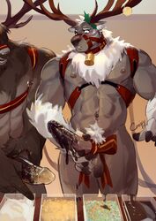 2020 2boys abs absurd_res anthro antlers arm_tuft ball_tuft balls barazoku bell bell_collar biceps big_penis blue_eyes blush bodily_fluids bow_(knot) bridle brown_body brown_fur candy capreoline cervid chest_fur chocolate chocolate_covered chocolate_drip collar crrispy_shark dessert dripping duo erection facial_hair food food_on_penis fur genitals harness hi_res holding_penis holly_(plant) horn humanoid_genitalia humanoid_penis male male_only mammal multicolored_body muscular muscular_anthro muscular_male neck_tuft nipple_piercing nipples nude open_mouth pecs penis piercing plant pubes quads reindeer sprinkles standing sweat teeth triceps tuft two_tone_body vein veiny_penis white_body white_fur