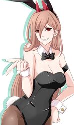 +_+ alternate_costume animal_ears armband bare_arms bare_shoulders black_bow black_leotard black_neckwear bow bowtie breasts brown_legwear bunny_ears bunny_tail chainsaw_man cleavage clenched_hand detached_collar fake_animal_ears female female_focus female_only grin gudon_(iukhzl) hair_between_eyes hand_on_hip hand_up horns large_breasts leotard light_brown_hair long_hair looking_at_viewer neck pantyhose playboy_bunny pointing power_(chainsaw_man) red_eyes shadow sharp_teeth simple_background smile solo strapless strapless_leotard tail teeth very_long_hair white_background wrist_cuffs