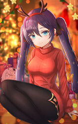 2020 2girls absurd_res antlers black_hair blue_eyes blurry blurry_background bow breasts christmas christmas_tree clothed clothing earrings eyebrows_visible_through_hair fake_antlers female female_only genshin_impact gift hairband hairbow highres long_hair long_twintails looking_at_viewer medium_breasts mona_(genshin_impact) multiple_girls nahanmin paimon_(genshin_impact) pantyhose red_clothing red_hairband red_sweater reindeer_antlers sitting smile star sweater thick_thighs thighs twintails