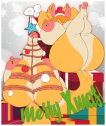 absurd_res anthro ass big_breasts big_butt bound breasts christmas felid female hi_res holidays lila_becker mammal nipple_piercing nipples piercing solo thatyellowrad