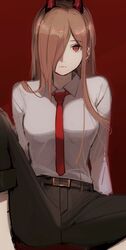 belt black_belt black_pants breasts brown_hair chainsaw_man closed_mouth collared_shirt expressionless eyebrows_visible_through_hair female female_focus female_only hair_over_one_eye highres large_breasts long_hair long_sleeves looking_at_viewer necktie pants power_(chainsaw_man) red_background red_eyes red_neckwear rrr_ato shirt simple_background solo white_shirt