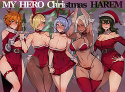 5girls absurd_res animal_ears bunny_ears bunnysuit christmas condom condom_packet_strip condom_wrapper dark-skinned_female dark_skin female female_only hadou_nejire hi_res itsuka_kendou kendou_itsuka looking_at_viewer miruko monster_girl multiple_girls my_hero_academia nejire_hado pale-skinned_female pantyhose pose ratatatat74 rumi_usagiyama ryuukyuu stockings tatsuma_ryuuko thong tokage_setsuna usagiyama_rumi wide_hips wine_bottle wine_glass