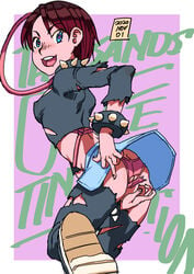 ass_cleavage birch_small blue_eyes blush brown_hair butt_crack crop_top denim_skirt drooling heart-shaped_pupils long_sleeves looking_at_viewer magi middle_finger my_life_me nipple_bulge petite pink_panties purple_background ripped_panties ripped_pants rope_bondage spiked_bracelet spiked_collar text upskirt