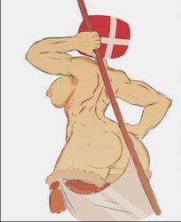 back_view biceps countryhumans countryhumans_girl danish_flag denmark_(countryhumans) flawsy holding_object holding_scythe scythe wearing_fur