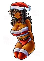 big_breasts black_hair christmas_outfit cole_(ninjago) curvy_figure dark-skinned_female dark_skin female_only genderswap_(mtf) lego long_hair ninjago ookamihanta rule_63 yellow_eyes