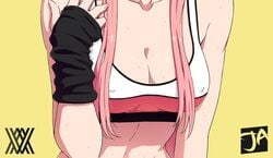 1girls breasts clothed clothing darling_in_the_franxx female female_focus female_only fit fitness j_adsen nipples_visible_through_clothing pink_hair solo solo_female solo_focus sports_bra sportswear zero_two_(darling_in_the_franxx)