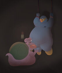 anthro avian ball_fondling balls bastardpalace belly bird bondage dungeon duo erection escargoon fondling gastropod genitals hi_res king_dedede kirby_(series) male male/male male_only mollusk nintendo nipples oral overweight penguin penis sex shackles snail video_games