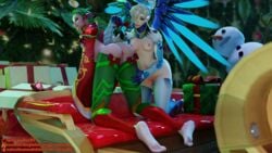 2girls 3d ass blizzard_entertainment blonde_hair breasts christmas feet female female_only green_hair halo holly_moira labia lootbox mechanical_wings mercy mistletoe moira momma-sleeptalker nipples on_all_fours overwatch presenting_hindquarters pussy snow_angel_mercy wings yuri