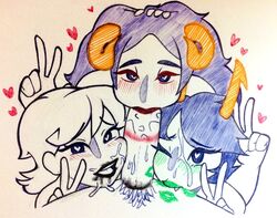 aradia_megido black_lipstick collaborative_fellatio fellatio green_lipstick heart-shaped_pupils homestuck horns kanaya_maryam lipstick_mark lipstick_on_penis peace_sign pubic_hair rainbow_party red_lipstick redskinnedmess roxy_lalonde troll