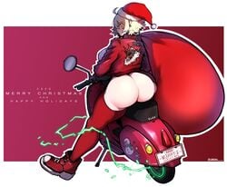 ass babo blonde_hair chris_(babo) christmas christmas_bag curvy dat_ass female huge_ass large_breasts looking_at_viewer motorcycle original original_character short_hair sideboob sitting thick_thighs