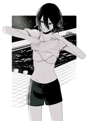 absurdres bare_arms black_choker black_hair black_legwear black_shorts blush bra breasts chainsaw_man choker female greyscale hair_bun hands_up highres lifted_by_self looking_to_the_side medium_hair monochrome pool poolside reze_(chainsaw_man) shirt shirt_lift short_hair shorts sleeveless small_breasts smile solo toukaairab underwear undressing white_bra white_shirt