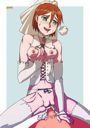 1boy 1girls arm_warmers birch_small blue_background blue_eyes blush breasts bridal_veil bride_veil brown_hair collar corset cum cum_in_pussy drooling faceless faceless_male female gasp girl_on_top grabbing_own_breast groin hetero highres lace magi male my_life_me open_mouth penis petite pov pussy short_hair small_breasts smile spread_legs sweat teeth thighhighs thighs uncensored vaginal vaginal_penetration veil white_thighhighs woman_on_top