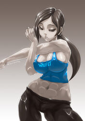 abs big_breasts black_hair clothed female female_only gradient_background grey_skin nintendo ponytail romehamu sports_bra wii_fit wii_fit_trainer