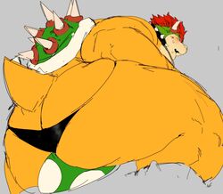 2020 anthro ass ass_focus bara big_ass big_butt blush bowser butt_focus clothing collar grey_background hair hi_res horn koopa low-angle_view male male_only mario_(series) muscular muscular_anthro muscular_male nintendo open_mouth red_hair scalie shell simple_background sitting solo solo_male spiked_collar spiked_shell spikes spikes_(anatomy) thick_thighs thong tora_gy underwear video_games yaoi yellow_body