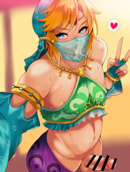 1boy alternate_version_available androgynous areola_slip bar_censor bare_shoulders blonde_hair blush bracer breath_of_the_wild canon_crossdressing censored crossdressing detailed_background erection femboy front_view gerudo_link gerudo_outfit gerudo_top gerudo_veil girly green_eyes heart heart-shaped_pupils human hung_trap hylian link link_(breath_of_the_wild) looking_at_viewer male male_only nintendo penis pointless_censoring pose posing sakusaku_(sakusakucrab) sarong see-through selfie short_hair small_breasts smiling solo sound_effect standing steam sweat testicles the_legend_of_zelda tiara trap veil vein veins veiny veiny_penis yellow_hair