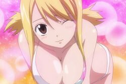 animated anime big_breasts big_butt bikini bouncing_breasts fairy_tail fanservice lucy_heartfilia official_copyright shaking_breasts wink