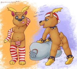 1boy animal_crossing anthro antlers anus ass balls capreoline cervid christmas christmas_clothing clothing erection genitals holidays horn jingle_(animal_crossing) legwear male male_only mammal nintendo penis presenting presenting_anus reindeer solo stockings thong unboxyguy underwear video_games