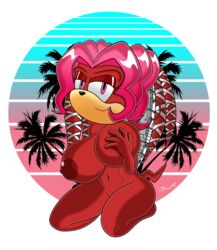 absurd_res anthro archie_comics areola big_areola big_nipples circle dreadlocks echidna female fur furry_only glistening glistening_body hair hi_res lien-da mammal mobian_monster monotreme nipples palm_tree pattern_background pink_hair plant purple_eyes red_body red_fur red_skin simple_background solo sonic_(series) sonic_the_hedgehog_(archie) sonic_the_hedgehog_(comics) sonic_the_hedgehog_(series) synthwave tree vaporwave