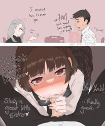 1boy 2girls age_difference atlus baser_guy blowjob blush cheating_boyfriend cucked_by_sister cuckold cuckquean english_text fellatio female heart looking_at_viewer makoto_niijima male male_pov netorare older_male older_man_and_teenage_girl oral penis persona persona_5 pov reverse_netorare sae_niijima siblings sisters stealth_oral straight sucking sweat teenage_girl teenager text under_the_table younger_female