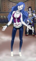 blue_eyes blue_hair bracelet breasts cleavage colored_skin corruption enemy_conversion fairy_tail gothified grin jewelry juvia_lockser large_breasts lipstick long_hair makeup rock_of_succubus smile spiked_bracelet spikes tattoo vidaldus_taka white_skin