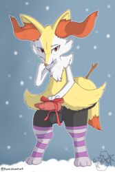 2020 2:3 accessory animal_genitalia animal_penis anthro balls bedroom_eyes black_body black_fur braixen canine_penis christmas clothed clothing dipstick_tail erection eyebrows femboy front_view fur genitals girly grey_background hi_res holidays inner_ear_fluff knot legwear legwear_only looking_at_viewer male male_only mostly_nude multicolored_tail multitoned_fur narrowed_eyes nintendo orange_eyes pattern_clothing pattern_legwear pattern_stockings penis penis_accessory penis_bow penis_ribbon pokémon_(species) pokemon pokemon_(species) punkskunkart raised_eyebrow ribbons seductive signature simple_background snow snowing solo standing stick stockings stockings_only striped_clothing striped_legwear striped_stockings stripes topless tuft video_games white_body white_fur yellow_body yellow_fur