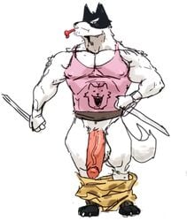 1boy 1male 2020 anthro balls bara barazoku big_penis black_body black_fur canid canine canis casual_exposure clothed clothing dog_treat doggo_(undertale) domestic_dog flaccid fur gay genitals humanoid_genitalia humanoid_penis looking_at_viewer male male_only mammal melee_weapon multicolored_body multicolored_fur muscular muscular_anthro muscular_male nipple_outline pants_down partially_clothed penis royal_guard_(undertale) shirt simple_background solo standing sword tank_top topwear tora_gy two_tone_body two_tone_fur undertale undertale_(series) video_games weapon white_background white_body white_fur