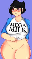 1girls black_hair blue_background blue_eyes blush buckteeth glasses homestuck jane_crocker mega_milk ms_paint_adventures no_pants pussy rookie157 shirt short_hair solo white_skin