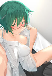 1girls blush bottomless breast_expansion breasts clothed clothing female female_focus female_only functionally_nude glasses green_eyes green_hair looking_at_viewer looking_back one_breast_out original original_character pallad partially_clothed shirt shirt_lift solo solo_female solo_focus teasing tongue tongue_out topless yuyake_hino