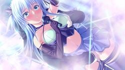 1other aqua_bra awata_izuna bangs black_gloves black_legwear blue_eyes blue_hair blue_skirt blush bra breast_grab breasts cleavage clothes_pull elbow_gloves eyebrows_visible_through_hair female floating_hair game_cg gloves grabbing grabbing_from_behind hair_between_eyes hair_ribbon highres idol kyokugen_chikan_tokuiten_2 layered_skirt long_hair m&m_(mickey_and_mackey) medium_breasts microphone midriff miniskirt molestation navel official_art one_side_up parted_lips pleated_skirt pulled_by_another purple_shorts ribbon short_shorts shorts shorts_pull skirt stage stomach sweatdrop thighhighs underwear very_long_hair