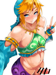 1boy alternate_version_available androgynous areola_slip bar_censor bare_shoulders blonde_hair blush bracer breath_of_the_wild canon_crossdressing censored crossdressing erection femboy front_view gerudo_link gerudo_outfit gerudo_top girly green_eyes heart heart-shaped_pupils human hung_trap hylian link link_(breath_of_the_wild) looking_at_viewer male male_only nintendo pale-skinned_femboy penis pointless_censoring pose posing sakusaku_(sakusakucrab) sarong selfie short_hair simple_background sketch small_breasts smiling solo sound_effect standing steam swana_clothing sweat the_legend_of_zelda tiara trap vein veins veiny veiny_penis white_background yellow_hair