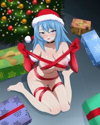 1girls big_breasts blue_eyes blue_hair christmas christmas_decorations christmas_hat christmas_present christmas_tree commission ed-jim fanart gift_box gift_wrapped justketchupanimation original_character patreon santa_hat wrapping_paper xmas