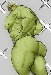 1boy 1male 2020 abs ass bara barazoku big_butt big_muscles black_sclera blonde_hair blushing butt_focus dilf goblin goblin_king goblin_male green_body green_skin grey_background hair hands_on_hips hobgoblin humanoid humanoid_pointy_ears looking_at_viewer low-angle_view male male_only mammal mature_male muscular muscular_humanoid muscular_male nipples not_furry nude open_mouth pecs rigurd sharp_teeth simple_background solo standing teeth tensei_shitara_slime_datta_ken that_time_i_got_reincarnated_as_a_slime thick_thighs tora_gy white_hair