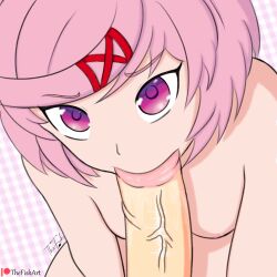 1boy 1girls blowjob blowjob_face breasts doki_doki_literature_club english_text natsuki_(doki_doki_literature_club) nipples patreon_logo patreon_username pink_eyes pink_hair text thefishart unseen_male_face