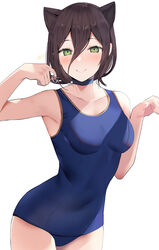 animal_ears bangs bare_arms bare_shoulders blue_choker blue_swimsuit blush breasts brown_hair chainsaw_man choker closed_mouth collarbone commentary_request cowboy_shot eyebrows_visible_through_hair female green_eyes hair_between_eyes hands_up highres looking_at_viewer mappa medium_breasts one-piece_swimsuit reze_(chainsaw_man) shounen_jump simple_background smile solo standing swimsuit tetsubuta white_background