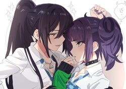 2girls bell black_hair clothed clothing collar idolmaster idolmaster_shiny_colors imminent_sex looking_at_another ponytail purple_eyes purple_hair shirase_sakuya tanaka_mamimi tie yellow_eyes yomosaka yuri