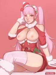 1girls alternate_costume breasts breasts_out christmas fire_emblem fire_emblem_heroes gloves hand_behind_head hilda_valentine_goneril hilda_valentine_goneril_(winter) kalruna nintendo pink_hair sitting solo thighs twintails