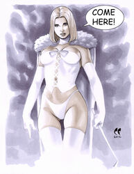 1girls 2012 blonde_hair breasts breasts_apart bustier cape chris_foulkes cleavage corset dominatrix emma_frost english_text evening_gloves female female_only femdom gloves hellfire_club highleg highleg_thong holding_riding_crop homo_superior long_gloves long_hair looking_at_viewer marvel marvel_comics mutant opera_gloves panties pointing riding_crop signature solo solo_female speech_bubble straight_hair telepath text thighhighs thong white_clothing white_queen x-men