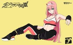 1girls belly belly_button black_socks clothed clothing darling_in_the_franxx female female_focus female_only fit fitness j_adsen long_hair looking_at_viewer loose_socks pink_hair smile socks solo solo_female solo_focus sports_bra sportswear zero_two_(darling_in_the_franxx)